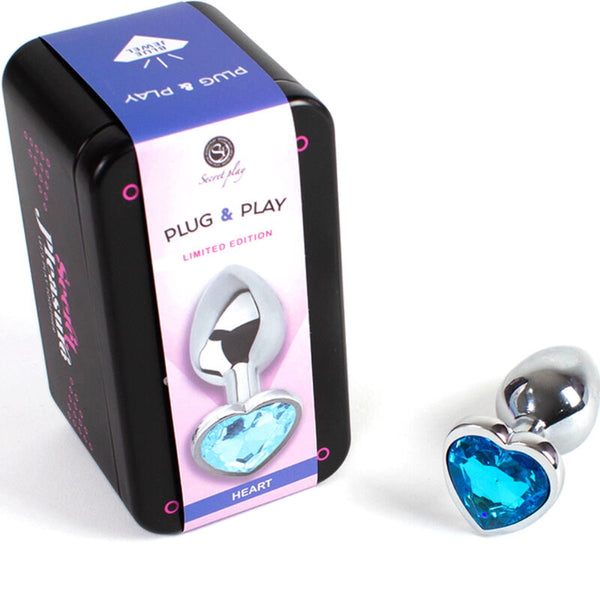 Plug anal de metal Secretplay con corazón azul talla S 7 cm