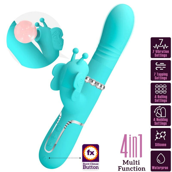 Vibrador rabbit multifunción 4 en 1 mariposa verde agua pretty love