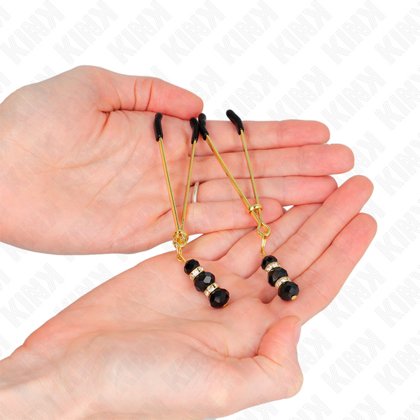 Kink pinzas para pezones dorada fina con triple bola de vidrio negro 7 cm
