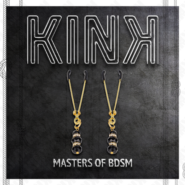 Kink pinzas para pezones dorada fina con triple bola de vidrio negro 7 cm