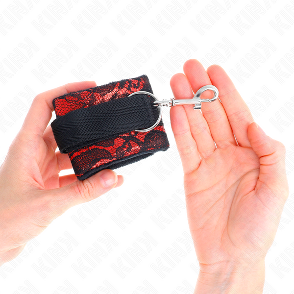 Kink muñequeras cortas de encaje terciopelo y unión de nylon rojo negro 23 x 6.5 cm