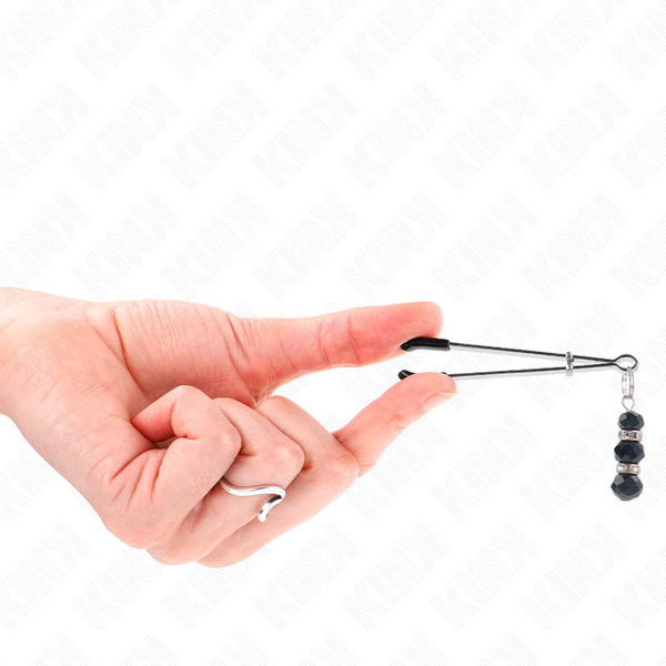 Kink pinzas para pezones plateada fina con triple bola de vidrio negro 7 cm