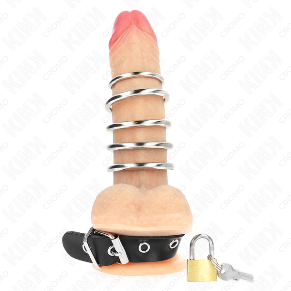 Kink anillo pene cuero correa con cerradura 21 x 2 cm y 5 anillos metal de 3 cm a 4 cm