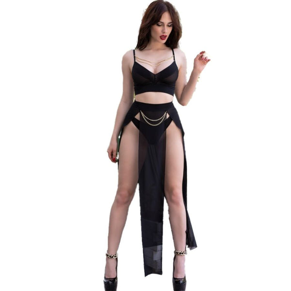 Chilirose cr 4672 top negro falda y tanga con cadenas doradas