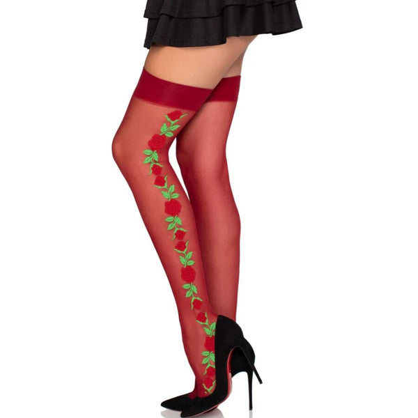 Leg 1957 medias de liguero con flores rojas talla única