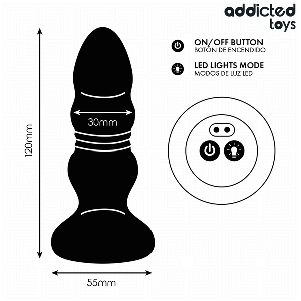 Plug anal vibrador con movimiento de empuje, luz LED y control remoto