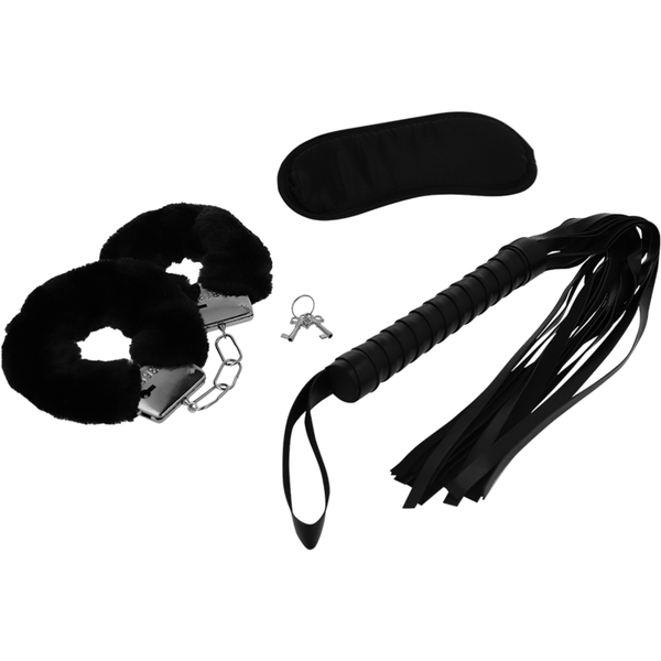 Intense fetish set erótico 1 con esposas antifaz y látigo de cuero vegano