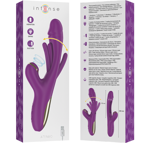 Vibrador multifunción recargable 7 vibraciónes con lengua oscilante y succionador morado intense ateneo