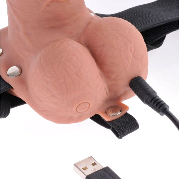 Arnés ajustable pene realístico con testículos recargable y vibrador 17.8 cm
