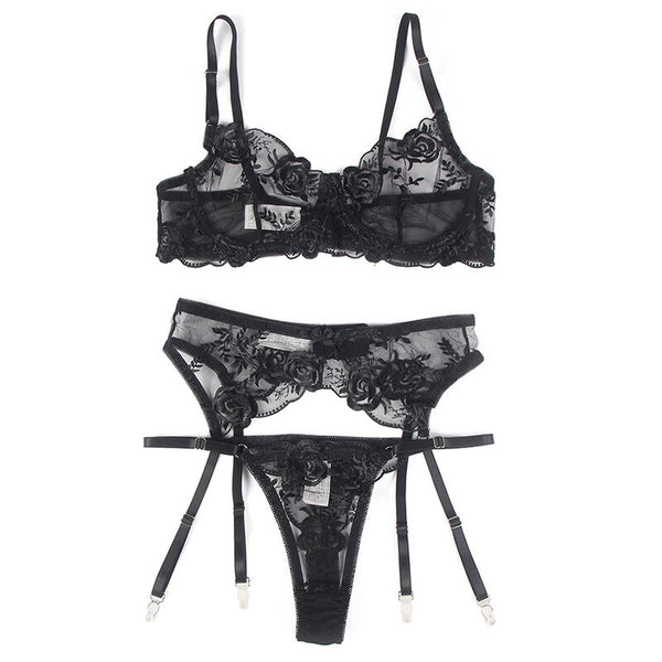 Subblime set de 3 piezas sujetador con tanga con liga estampado floral negro