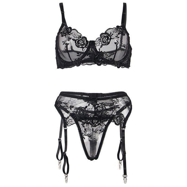 Subblime set de 3 piezas sujetador con tanga con liga estampado floral negro l xl