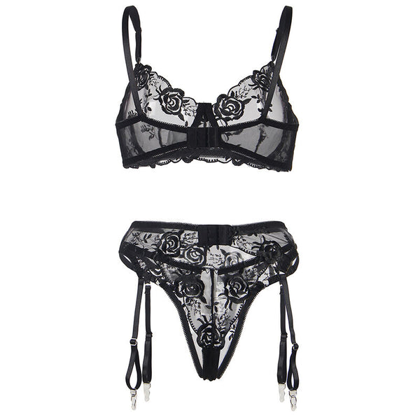 Subblime set de 3 piezas sujetador con tanga con liga estampado floral negro