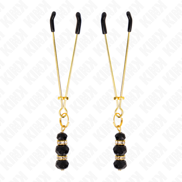 Kink pinzas para pezones dorada fina con triple bola de vidrio negro 7 cm
