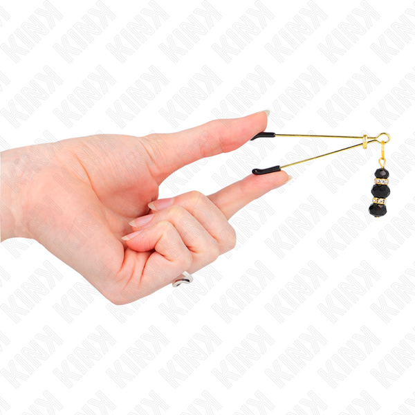 Kink pinzas para pezones dorada fina con triple bola de vidrio negro 7 cm