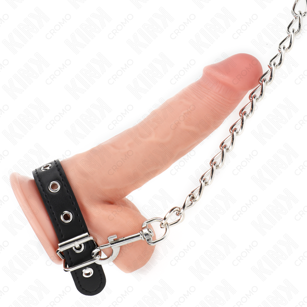 Kink anillo pene cuero con correa 21.5 x 2 cm y cadena metal 60 cm