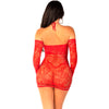 Leg minivestido de rejilla con hombros descubiertos y manga larga rojo