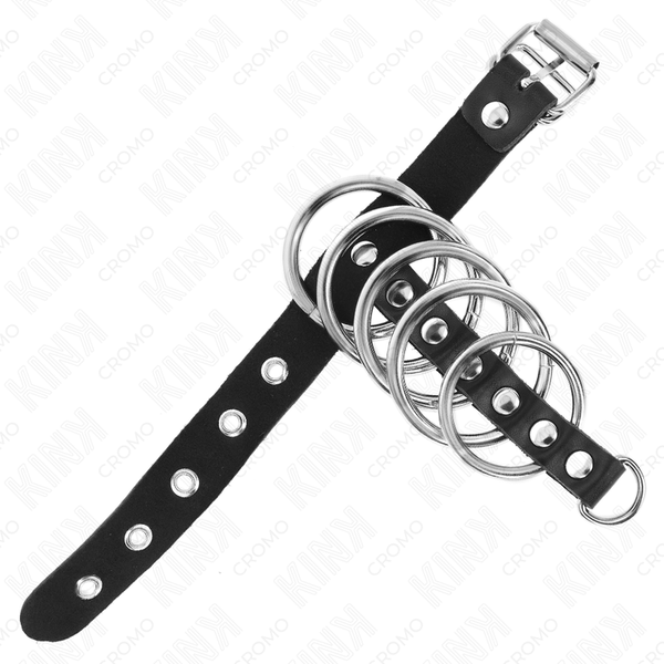 Kink anillo pene cuero correa con cerradura 21 x 2 cm y 5 anillos metal de 3 cm a 4 cm