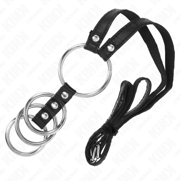 Kink 4 anillos pene metal conectados 3.8 cm a 5 cm con cinturón de polipiel 112 cm