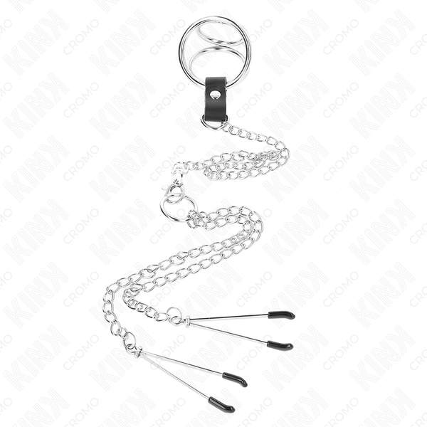Kink anillo pene triple metal cromado 3.8 cm a 5 cm cadena metal 26 cm y pinzas para pezones modelo 2