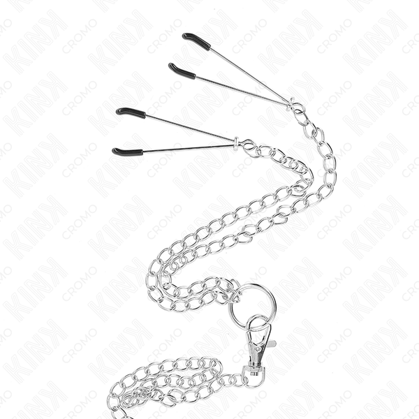 Kink anillo pene triple metal cromado 3.8 cm a 5 cm cadena metal 26 cm y pinzas para pezones modelo 2