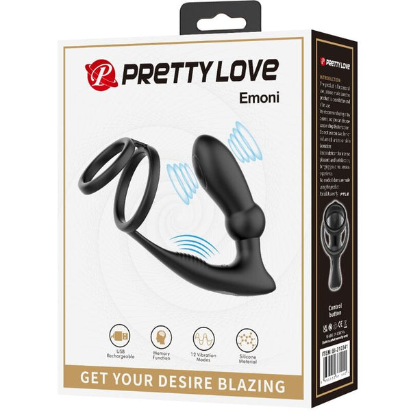 Pretty emoni anillo pene con plug anal 12 vibraciones negro