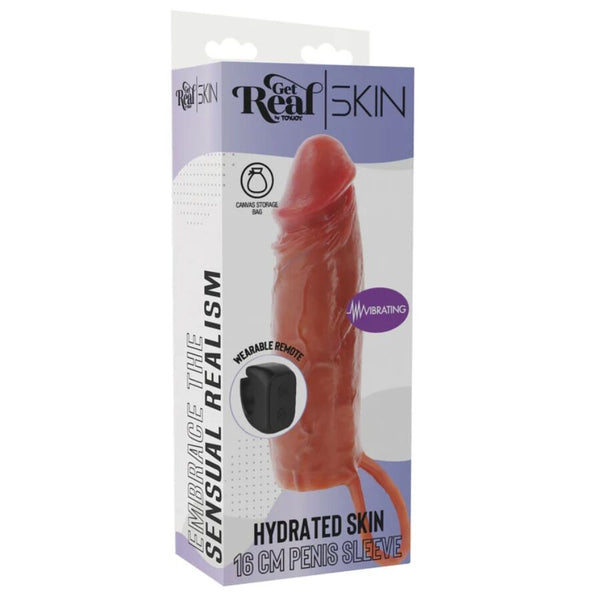 Get funda hydrated skin de silicona con vibración para pene caramelo 16 cm