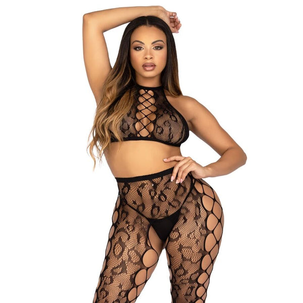 Leg 89372 crop top y medias sin entrepierna negro talla única