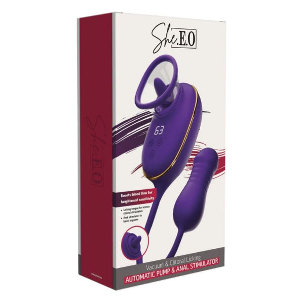 SHE.E.O - SUCCIONADOR DE CLÍTORIS CON EFECTO LICKING Y ESTIMULADOR ANAL MORADO